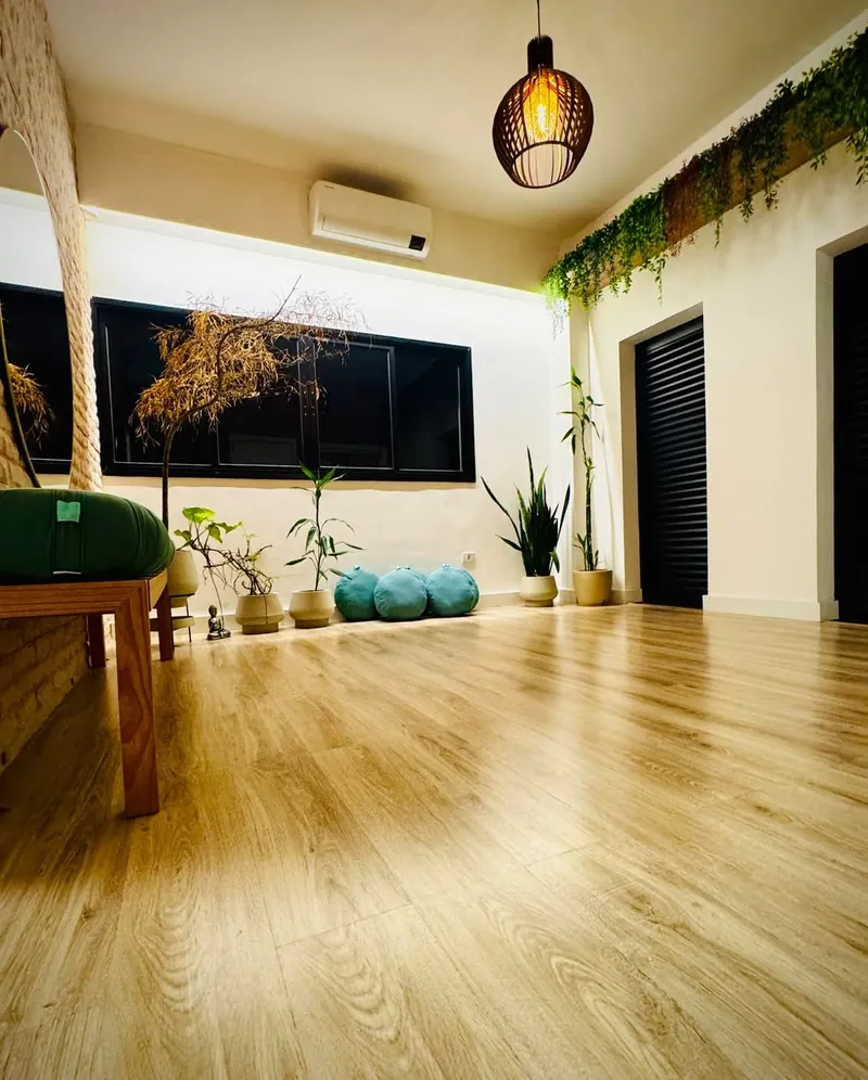 Sala de práticas do Instituto Ser em Suzano: piso de madeira, almofadas de meditação e plantas